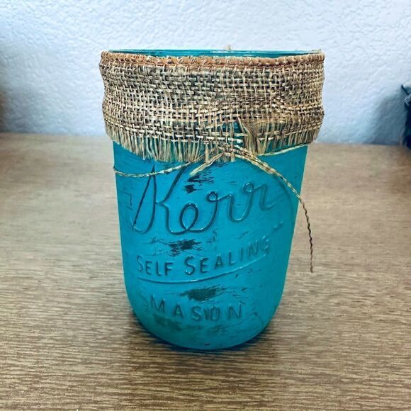 Kerr Mason Jar Turquoise Blue Painted Burlap Glass Vase - Picture 1 of 3